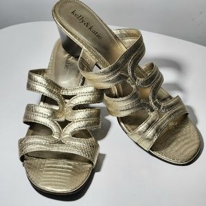 Kelly & Katie Gold Slip On Mule Stacked Wedge Heel Sandals Size 10